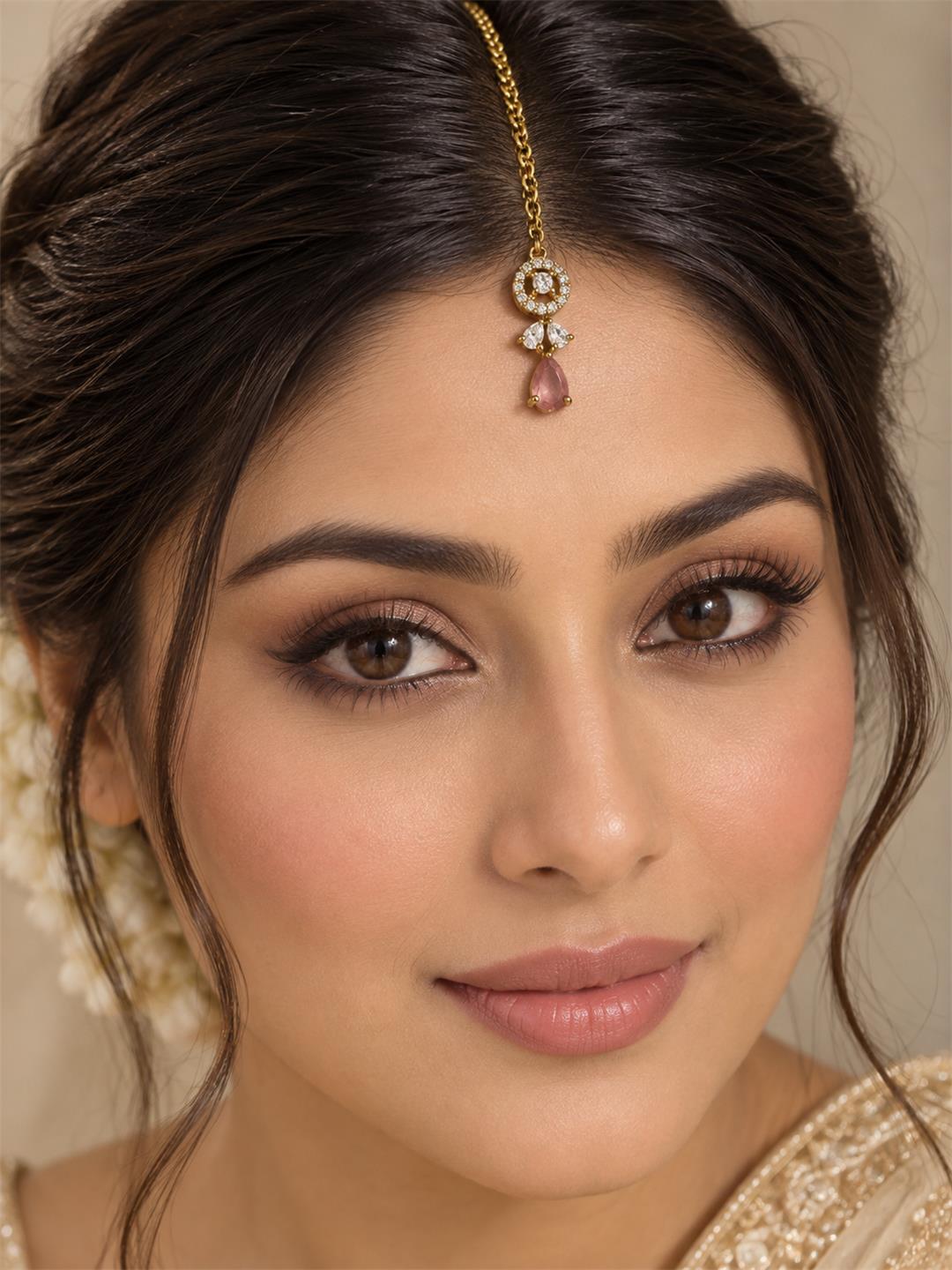 South Indian Gold Plated Pink AD Maang Tikka for Women
