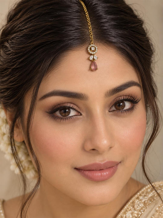 South Indian Gold Plated Pink AD Maang Tikka for Women