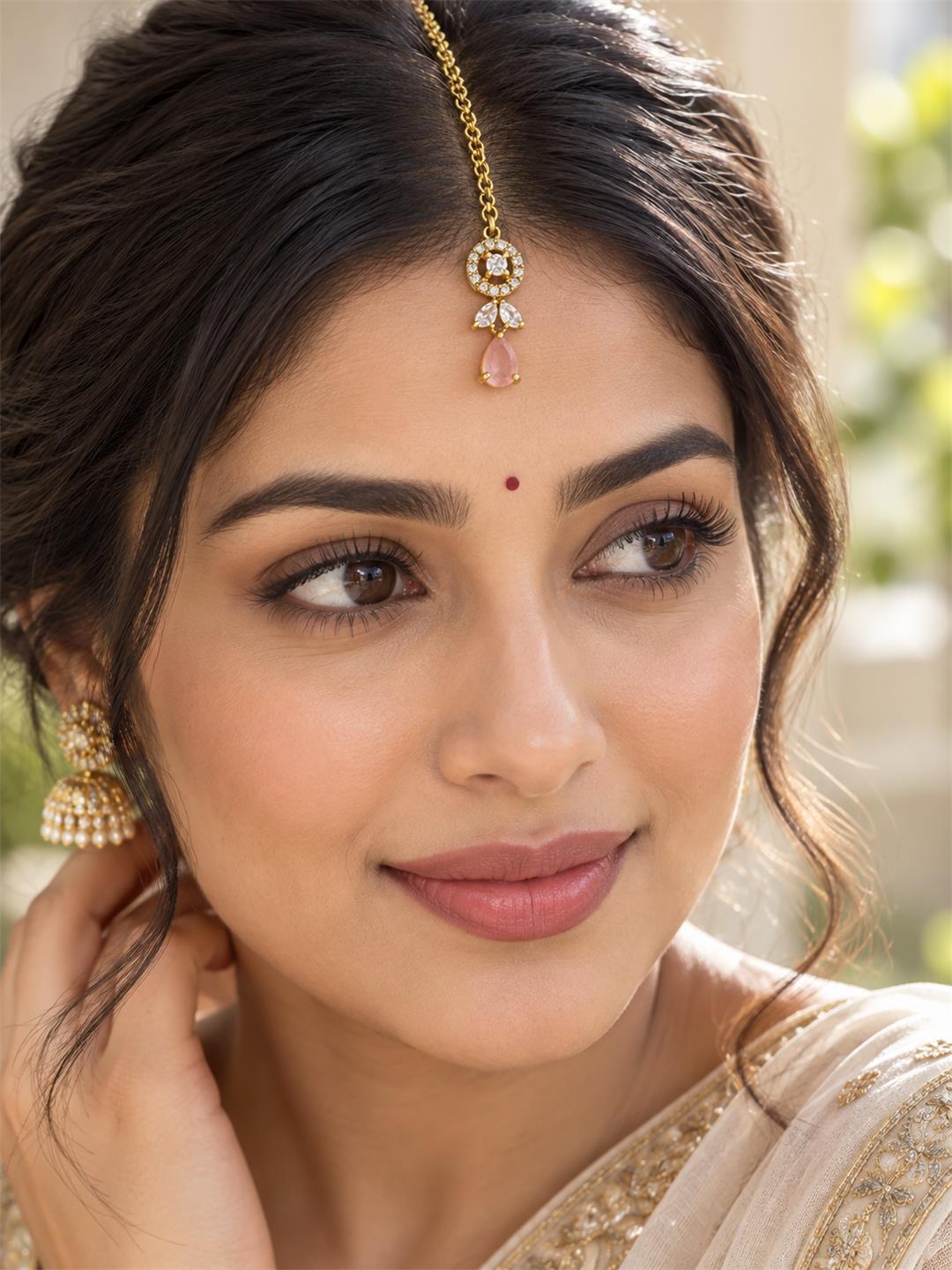 South Indian Gold Plated Pink AD Maang Tikka for Women