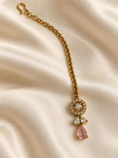 South Indian Gold Plated Pink AD Maang Tikka for Women