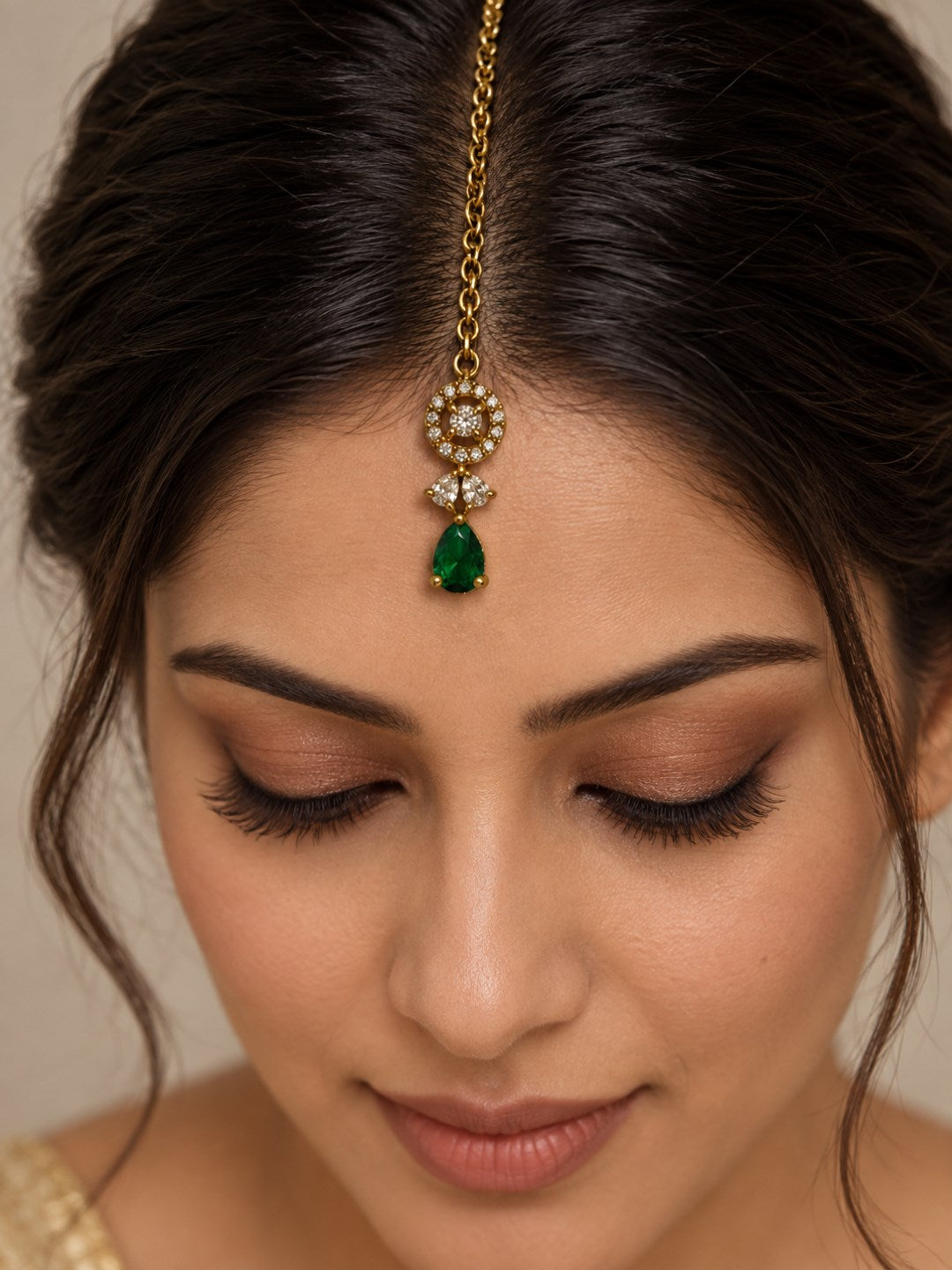 South Indian Gold Plated Green AD Maang Tikka for Women