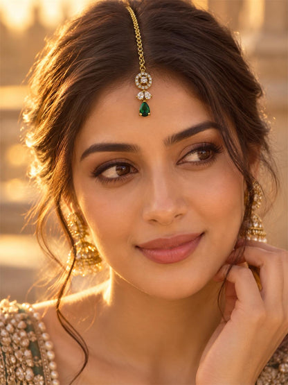 South Indian Gold Plated Green AD Maang Tikka for Women