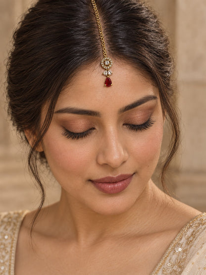 South Indian Gold Plated Red AD Maang Tikka for Women
