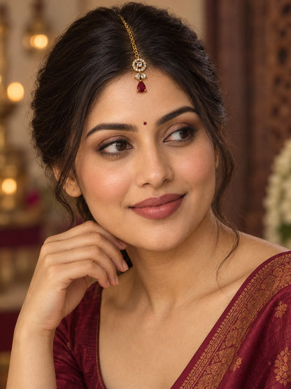 South Indian Gold Plated Red AD Maang Tikka for Women