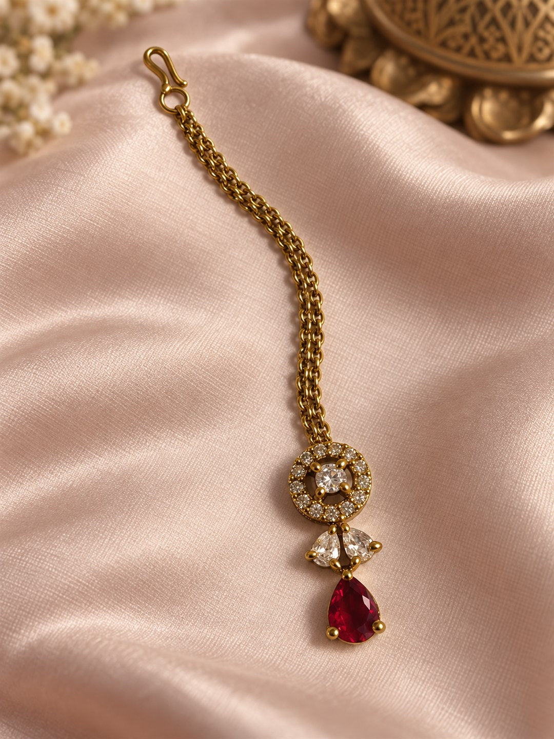 South Indian Gold Plated Red AD Maang Tikka for Women