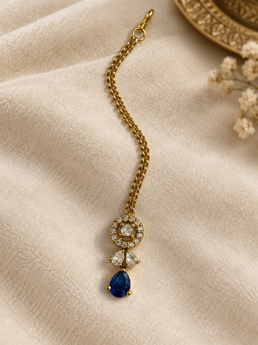 South Indian Gold Plated Blue AD Maang Tikka for Women