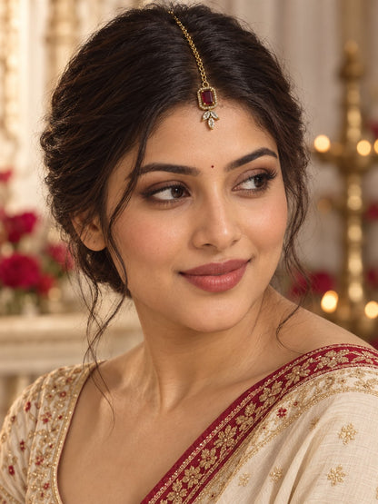 South Indian Gold Plated Red AD Maang Tikka for Women