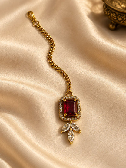 South Indian Gold Plated Red AD Maang Tikka for Women