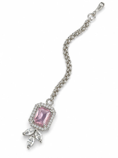 Silver Plated Pink AD Maang Tikka for Women