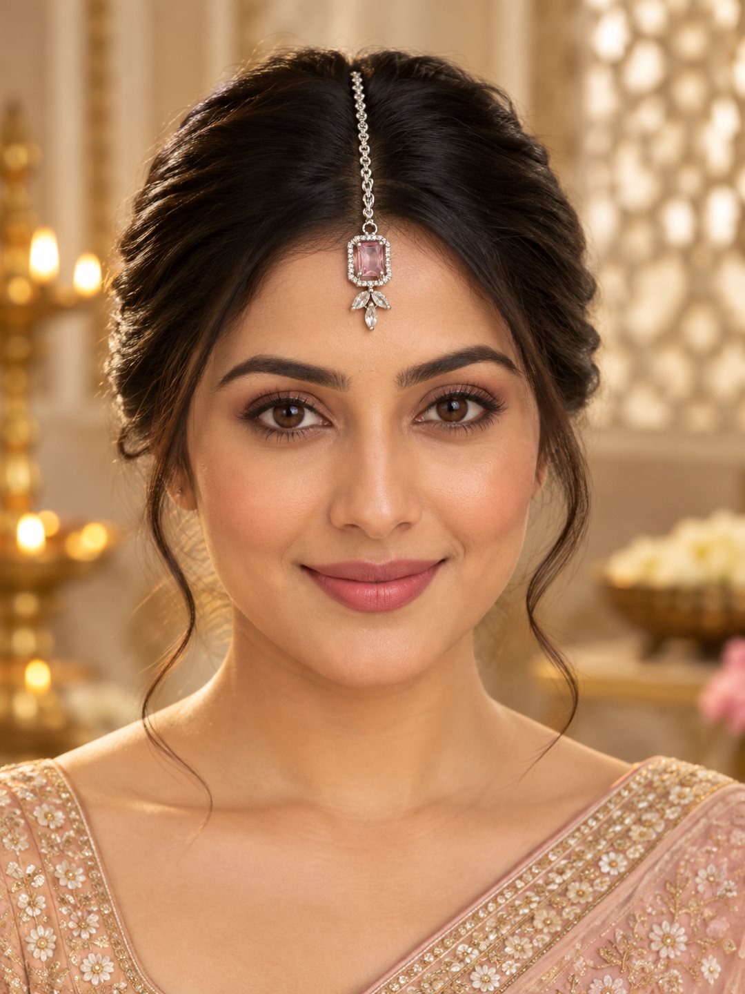 Silver Plated Pink AD Maang Tikka for Women