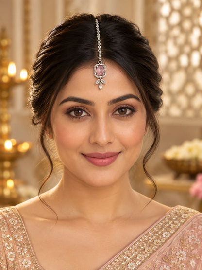 Silver Plated Pink AD Maang Tikka for Women