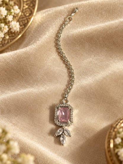 Silver Plated Pink AD Maang Tikka for Women