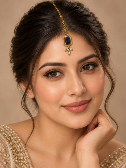 South Indian Gold Plated Blue AD Maang Tikka for Women
