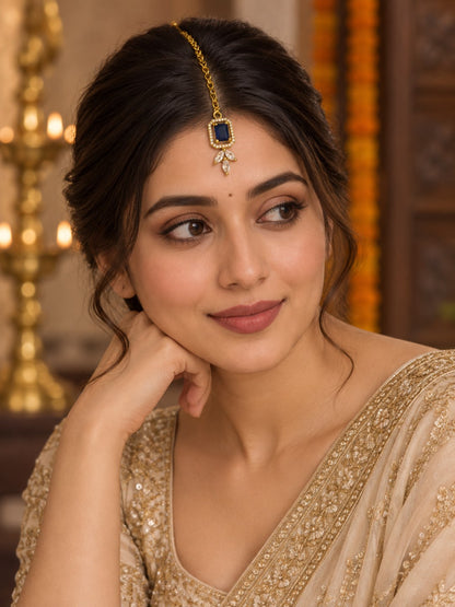 South Indian Gold Plated Blue AD Maang Tikka for Women