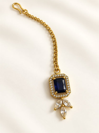 South Indian Gold Plated Blue AD Maang Tikka for Women