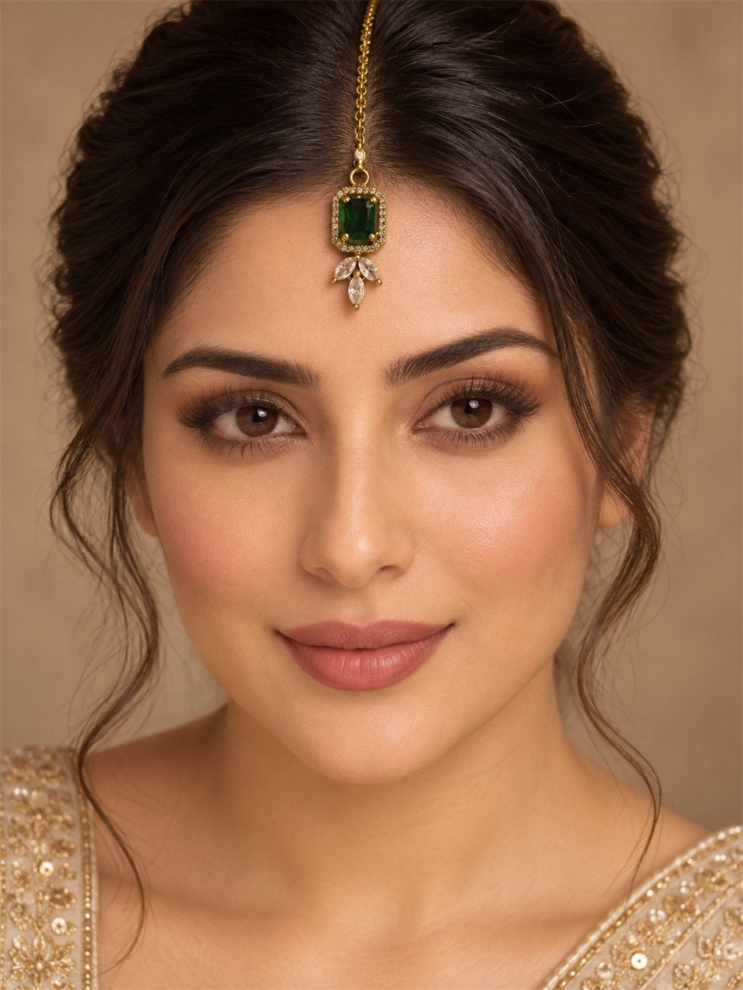 South Indian Gold Plated Green AD Maang Tikka for Women