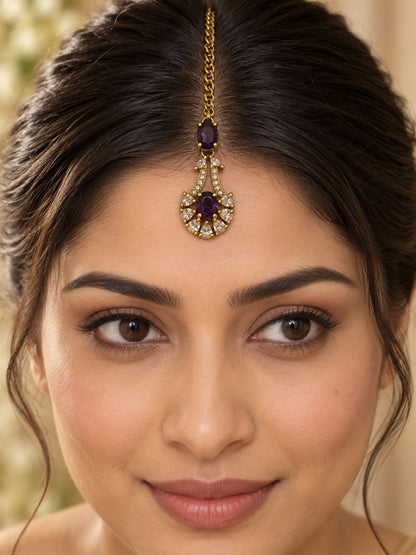 South Indian Gold Plated Purple AD Maang Tikka for Women