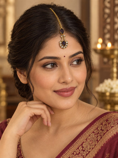 South Indian Gold Plated Purple AD Maang Tikka for Women