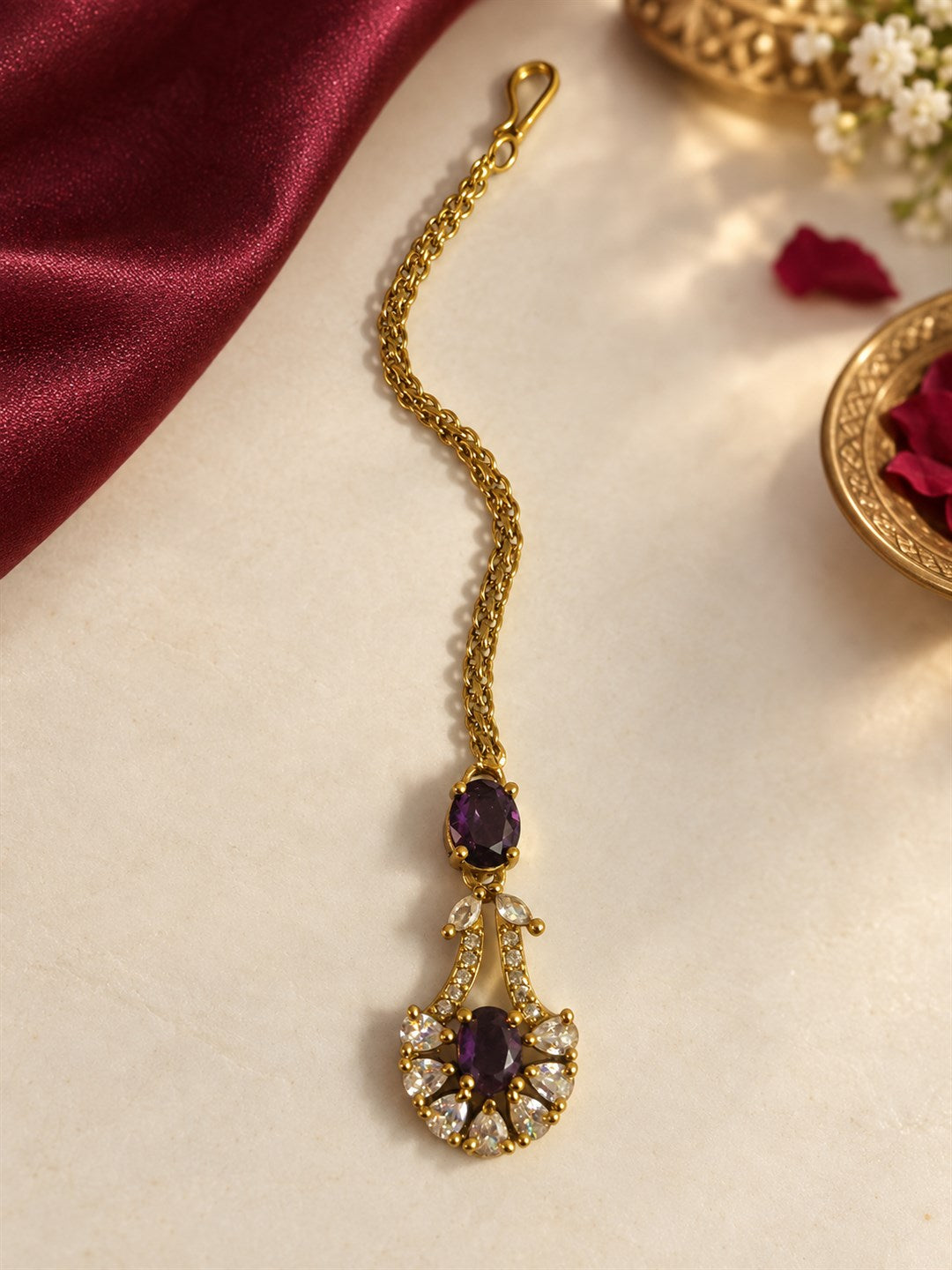 South Indian Gold Plated Purple AD Maang Tikka for Women