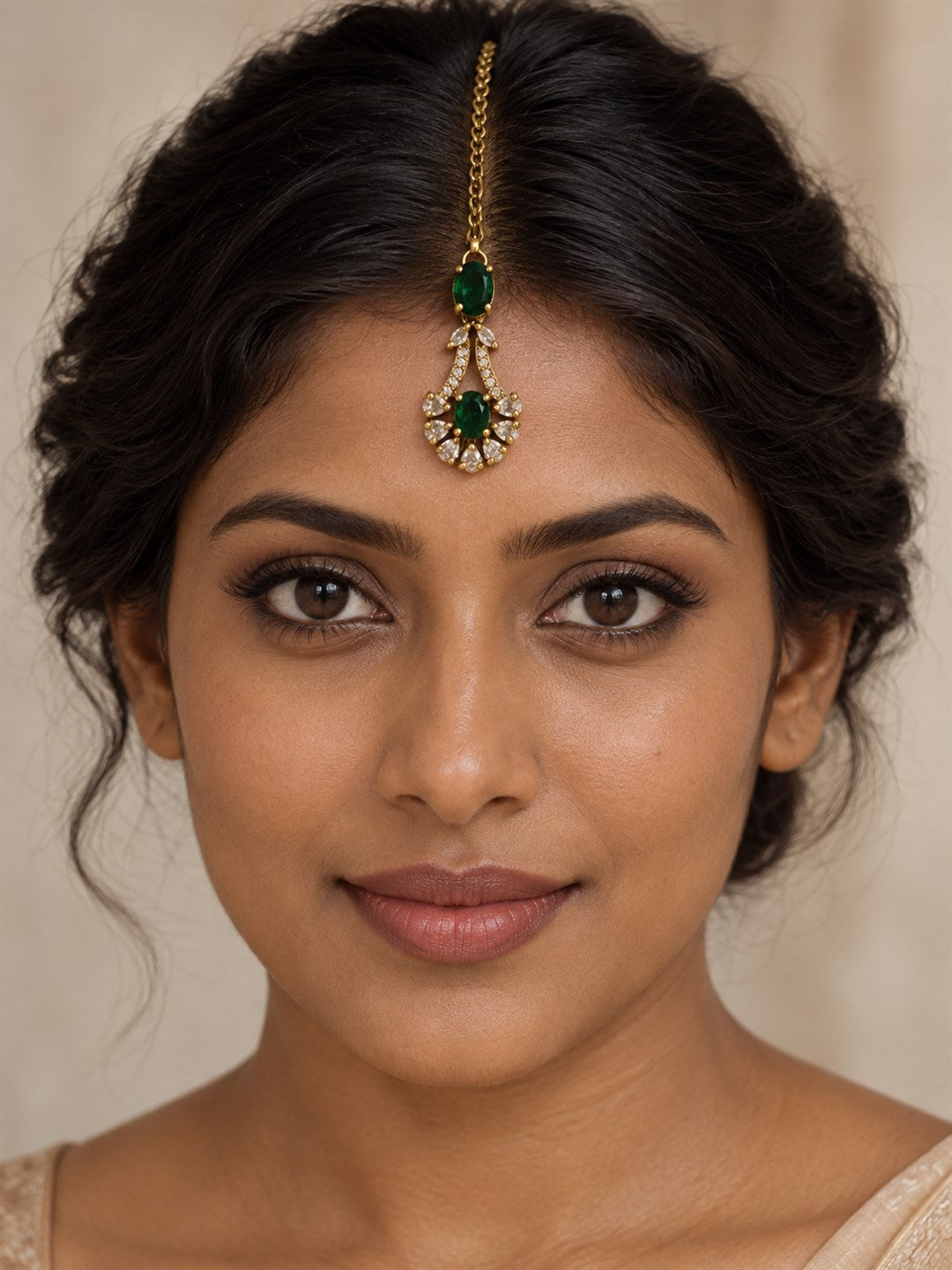 South Indian Gold Plated Green AD Maang Tikka for Women