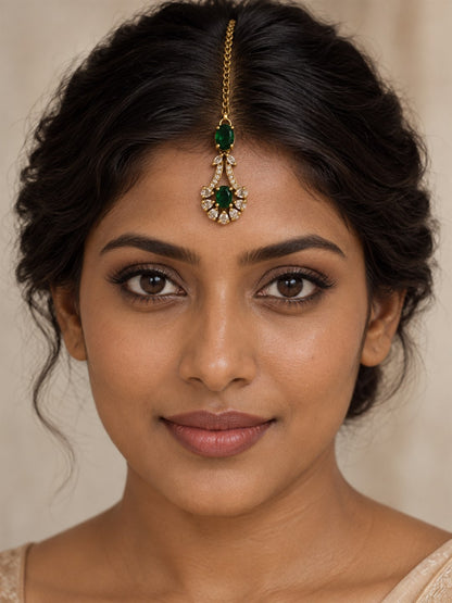 South Indian Gold Plated Green AD Maang Tikka for Women