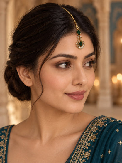 South Indian Gold Plated Green AD Maang Tikka for Women