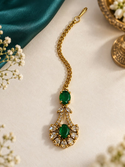 South Indian Gold Plated Green AD Maang Tikka for Women