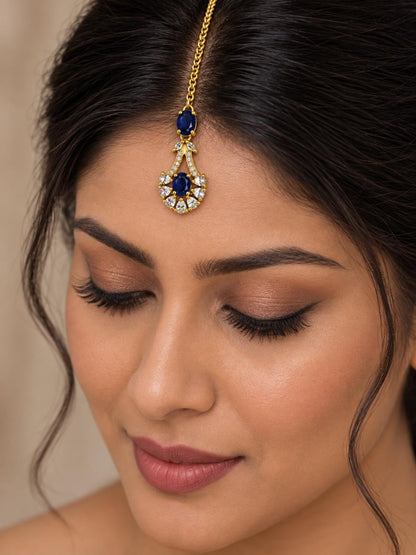 South Indian Gold Plated Blue AD Maang Tikka for Women