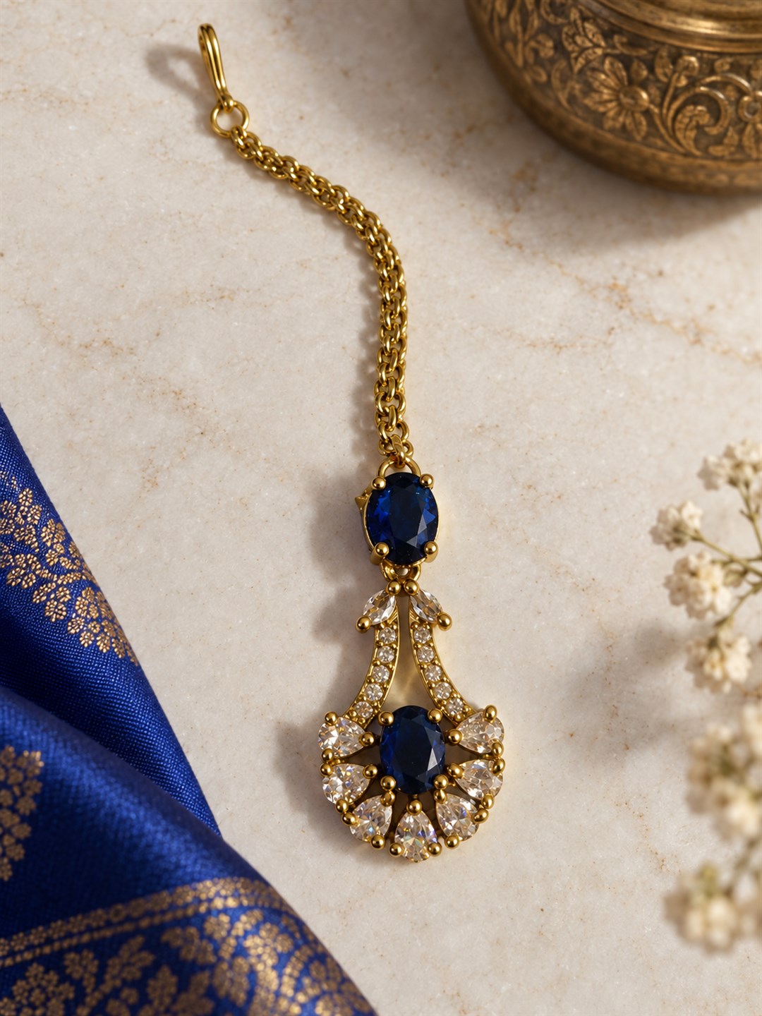 South Indian Gold Plated Blue AD Maang Tikka for Women