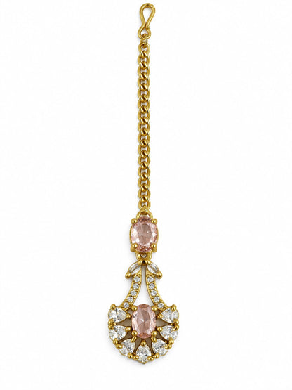 South Indian Gold Plated Pink AD Maang Tikka for Women