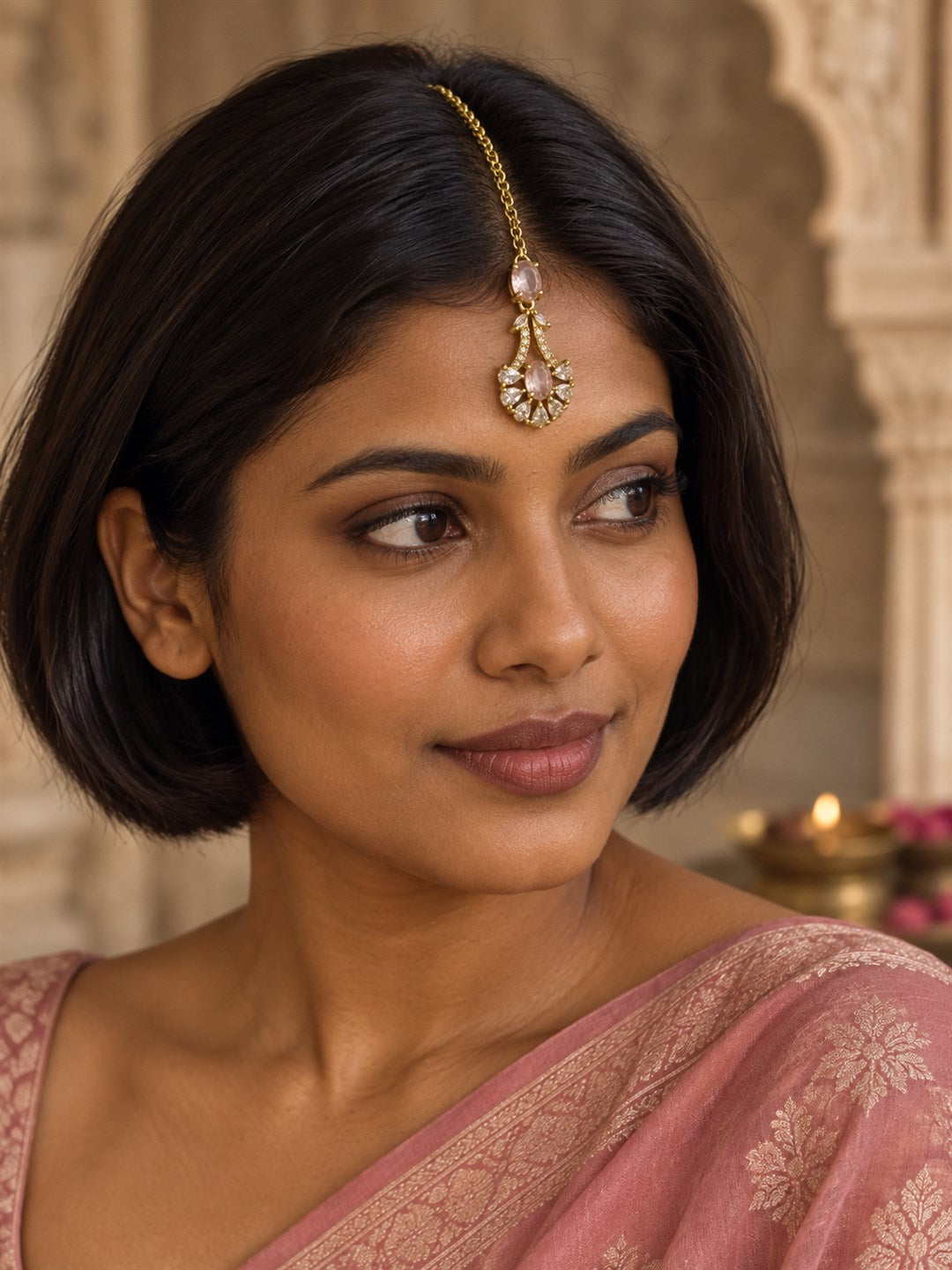 South Indian Gold Plated Pink AD Maang Tikka for Women