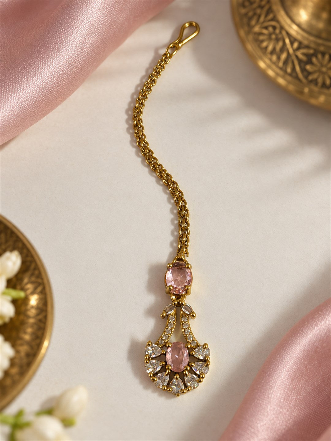 South Indian Gold Plated Pink AD Maang Tikka for Women