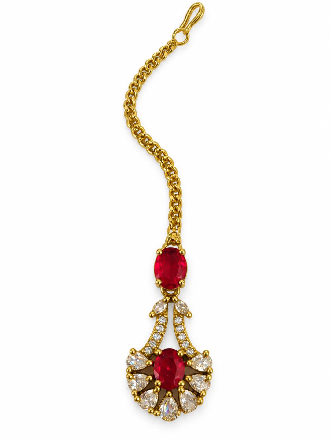 South Indian Gold Plated Red AD Maang Tikka for Women