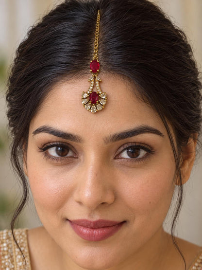 South Indian Gold Plated Red AD Maang Tikka for Women