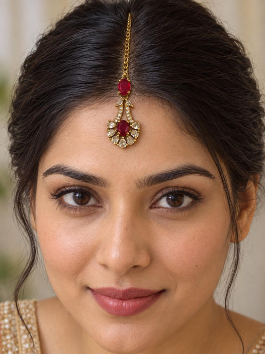 South Indian Gold Plated Red AD Maang Tikka for Women
