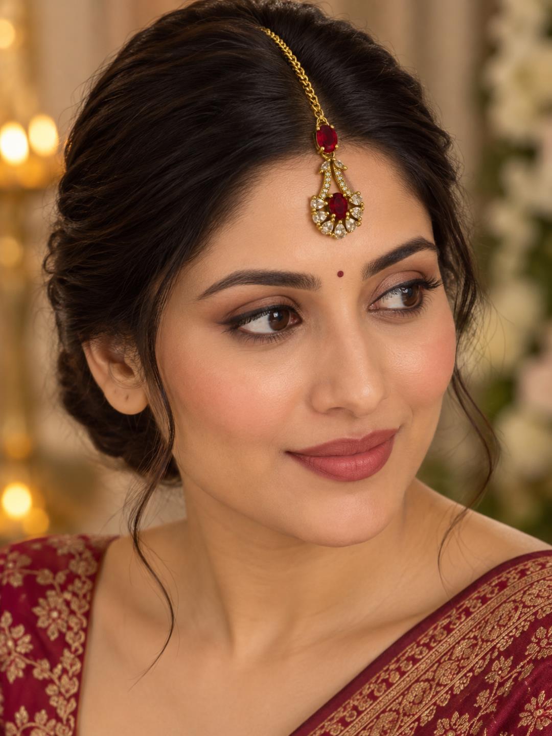 South Indian Gold Plated Red AD Maang Tikka for Women