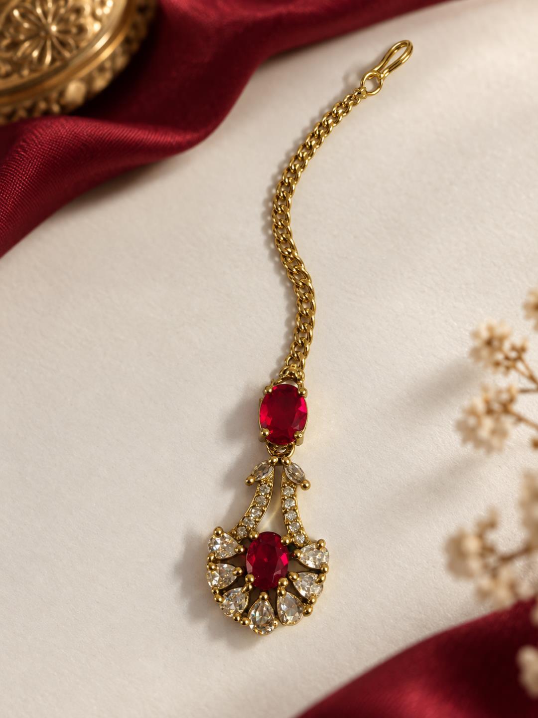 South Indian Gold Plated Red AD Maang Tikka for Women