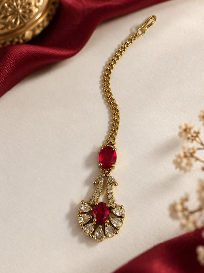 South Indian Gold Plated Red AD Maang Tikka for Women