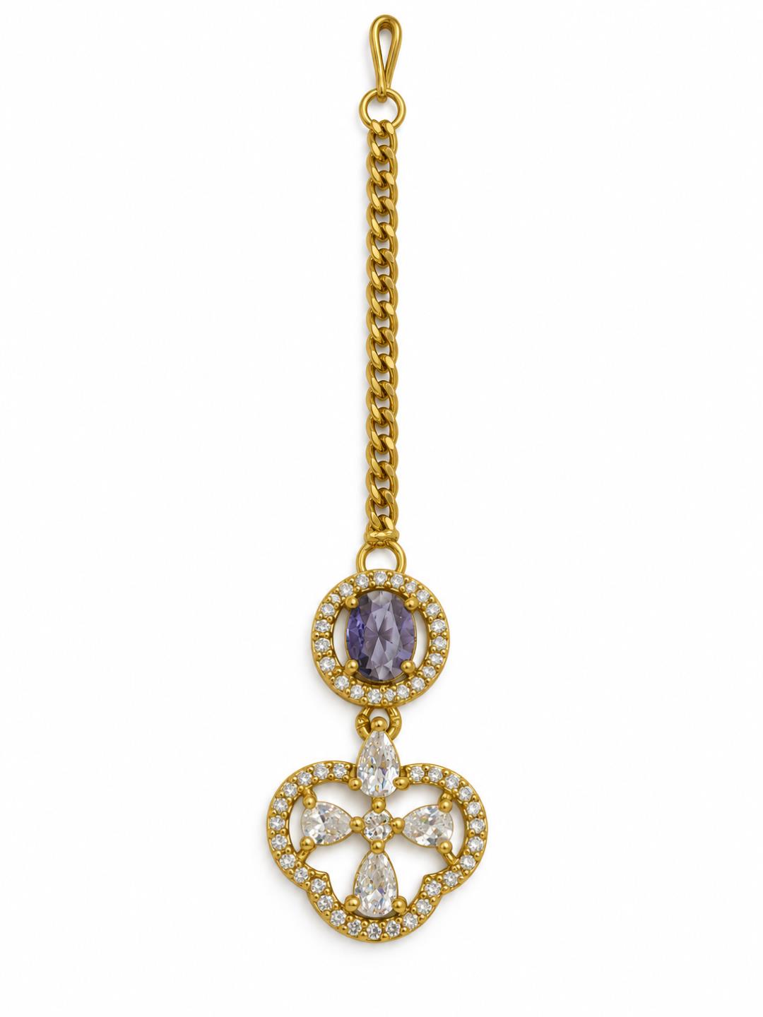South Indian Gold Plated Purple AD Maang Tikka for Women