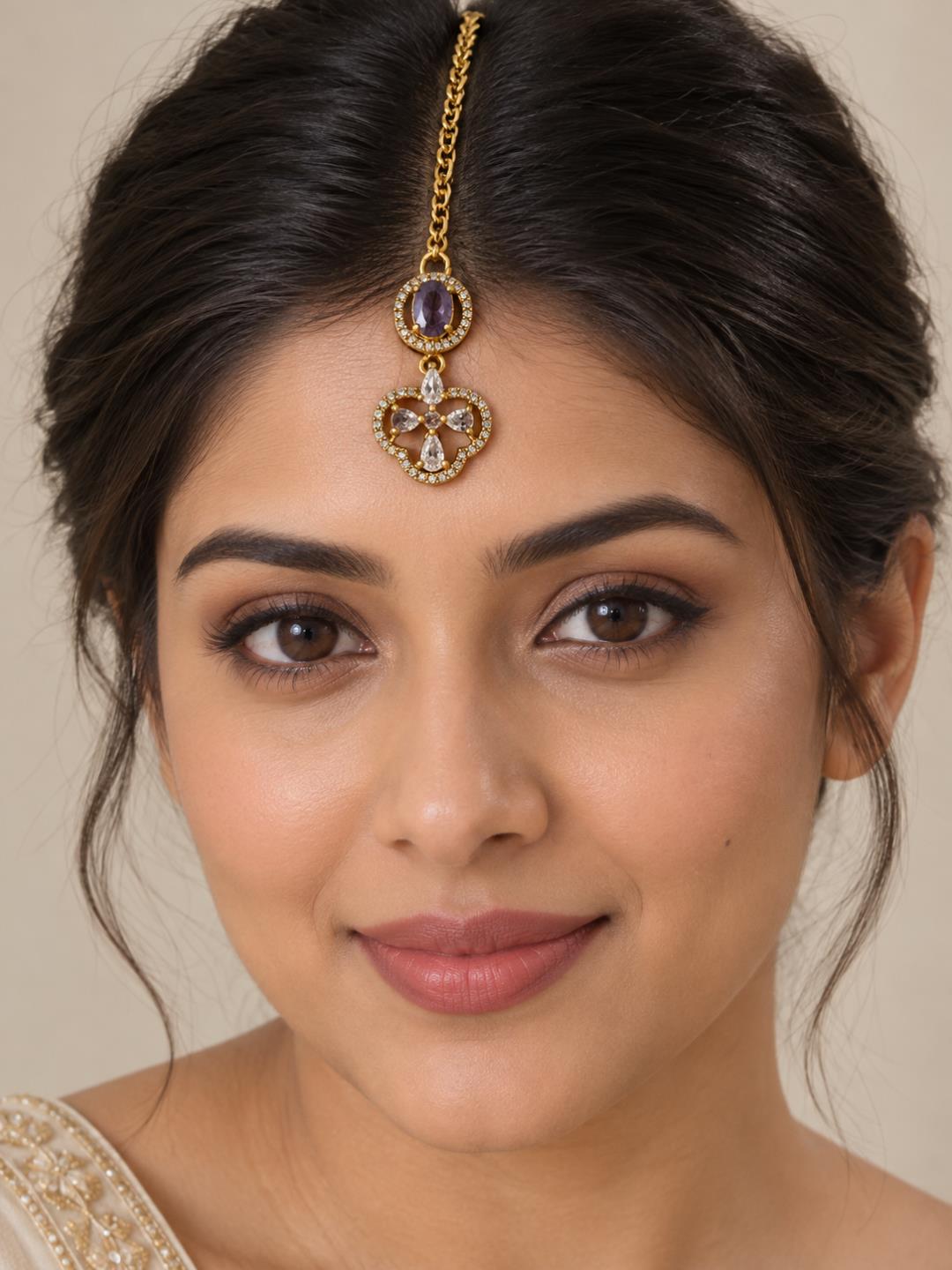 South Indian Gold Plated Purple AD Maang Tikka for Women
