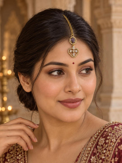 South Indian Gold Plated Purple AD Maang Tikka for Women