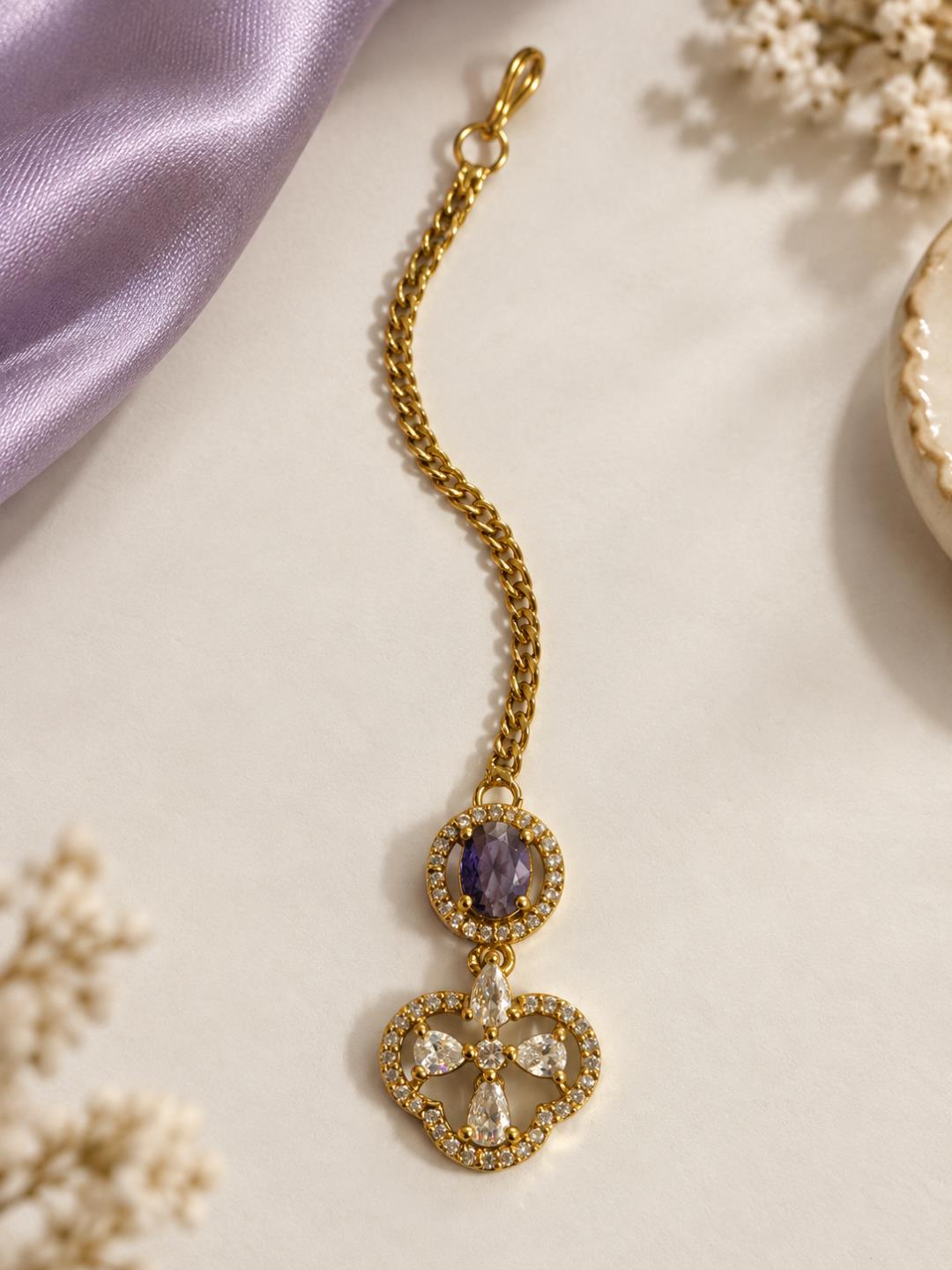 South Indian Gold Plated Purple AD Maang Tikka for Women