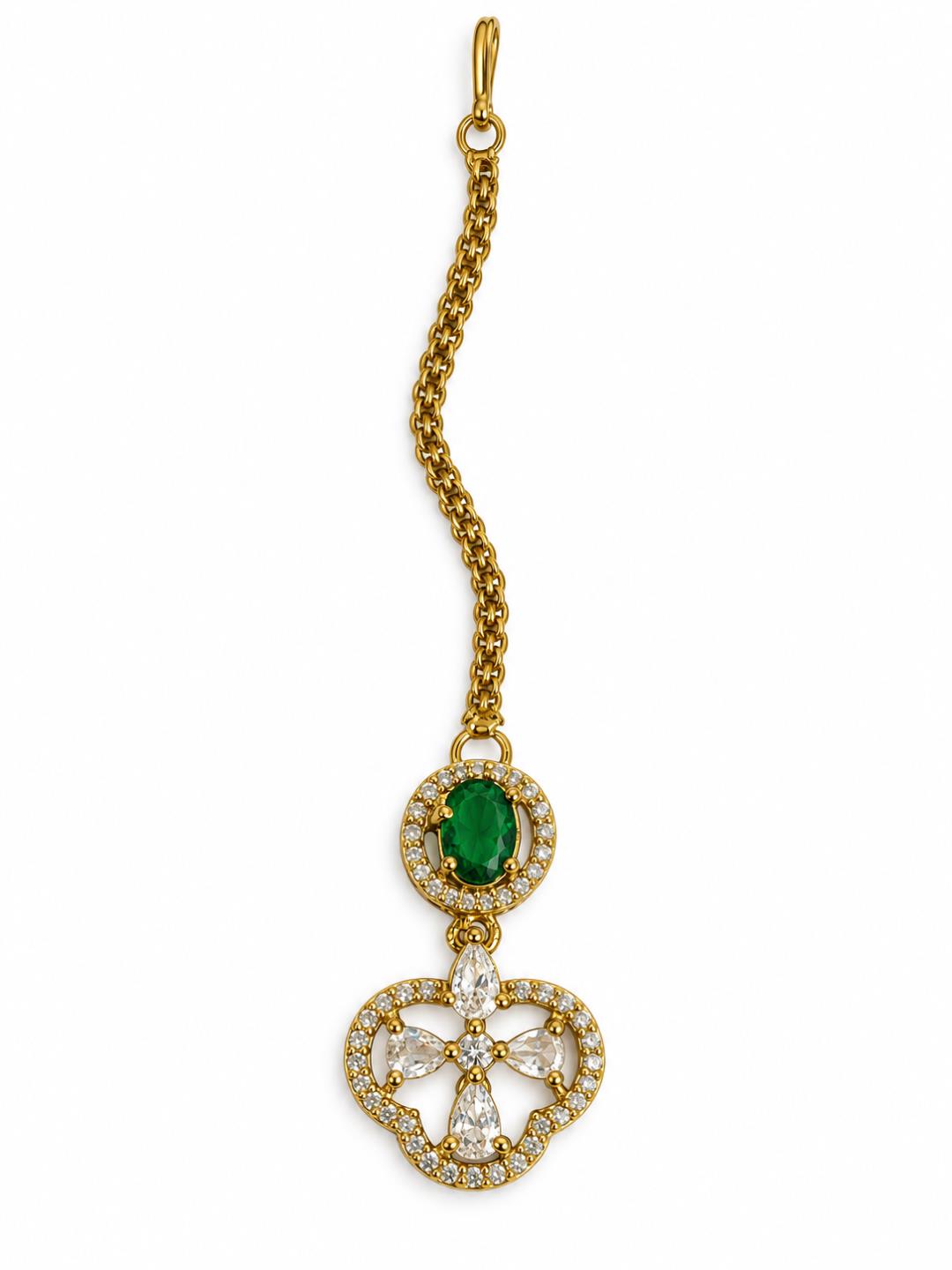 South Indian Gold Plated Green AD Maang Tikka for Women