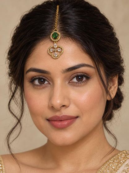 South Indian Gold Plated Green AD Maang Tikka for Women