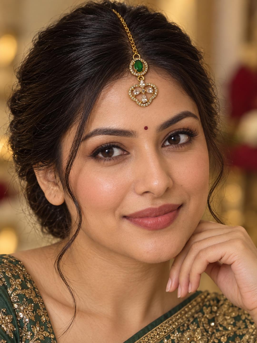 South Indian Gold Plated Green AD Maang Tikka for Women