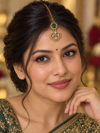 South Indian Gold Plated Green AD Maang Tikka for Women