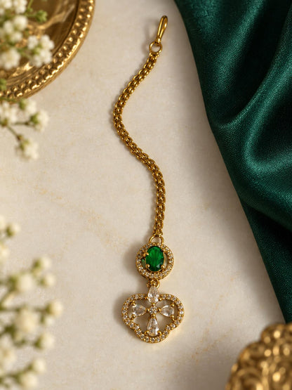 South Indian Gold Plated Green AD Maang Tikka for Women