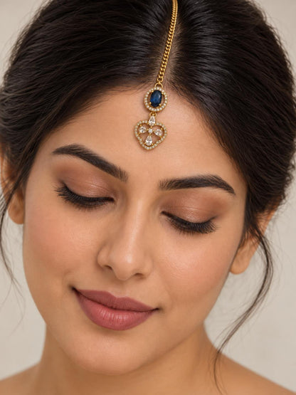 South Indian Gold Plated Blue AD Maang Tikka for Women