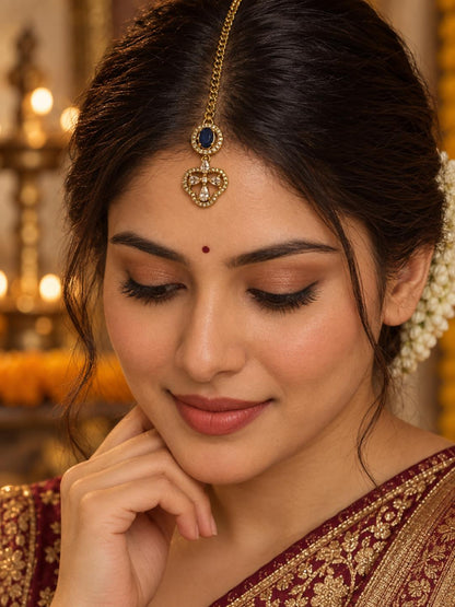 South Indian Gold Plated Blue AD Maang Tikka for Women
