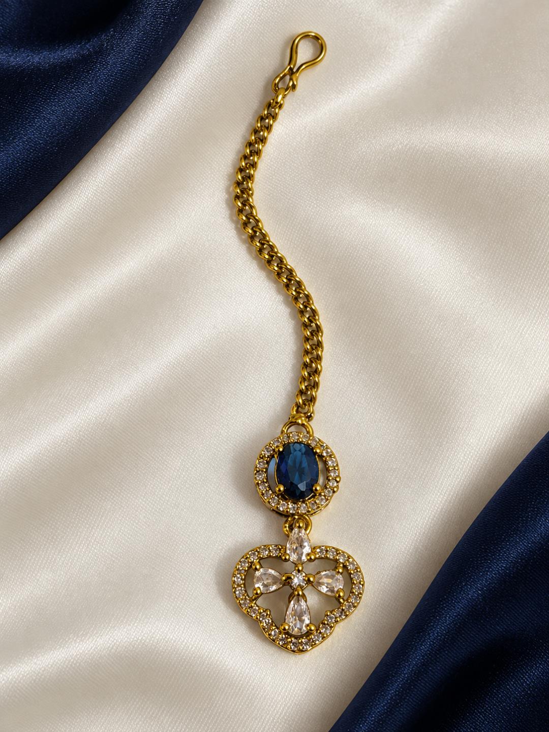 South Indian Gold Plated Blue AD Maang Tikka for Women